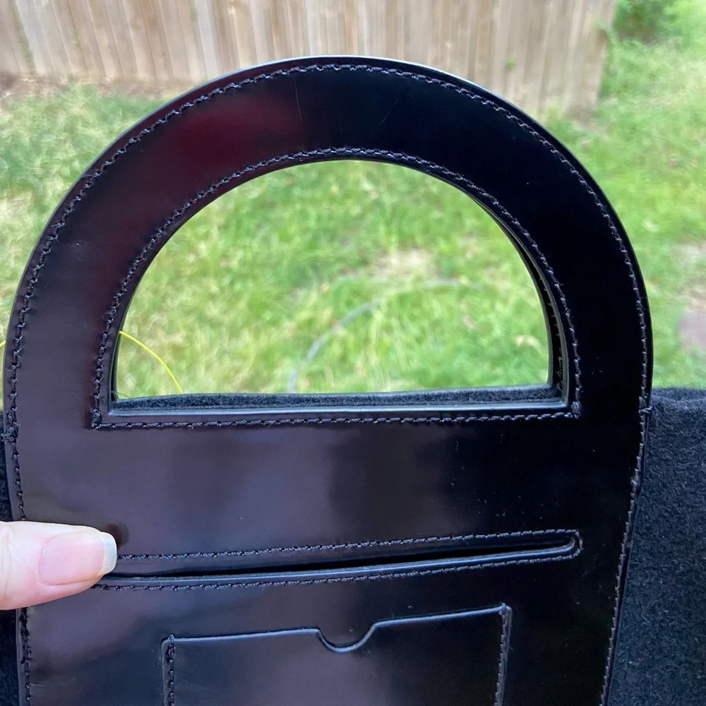 RARE Kate Spade Vintage Black Leather Felt Wool Saturday Tote & Cut Out Handles.
